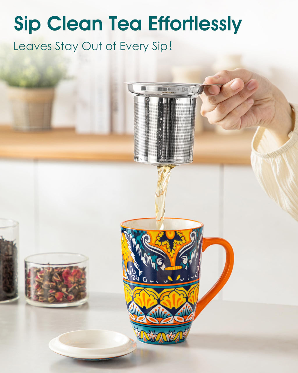 Ceramic Tea Infuser Mug with Lid, 18 oz – Bohemian Forest Daisy Pattern, Microwave & Dishwasher Safe