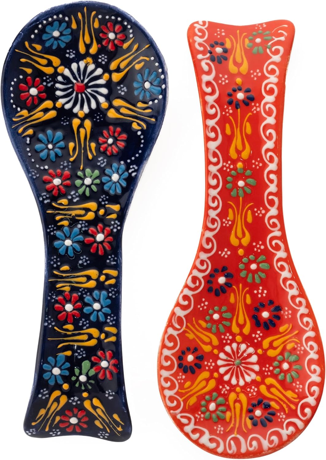 Handmade Ceramic Spoon Rest, Set of 2 – 5", Orange & Navy Blue, Farmhouse Style