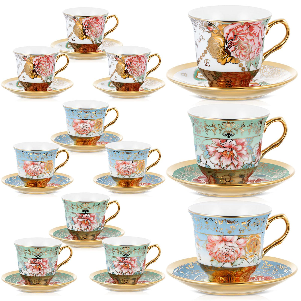 Floral Porcelain Tea Cups & Saucers Set of 18 – 6 Patterns, 5.4 oz