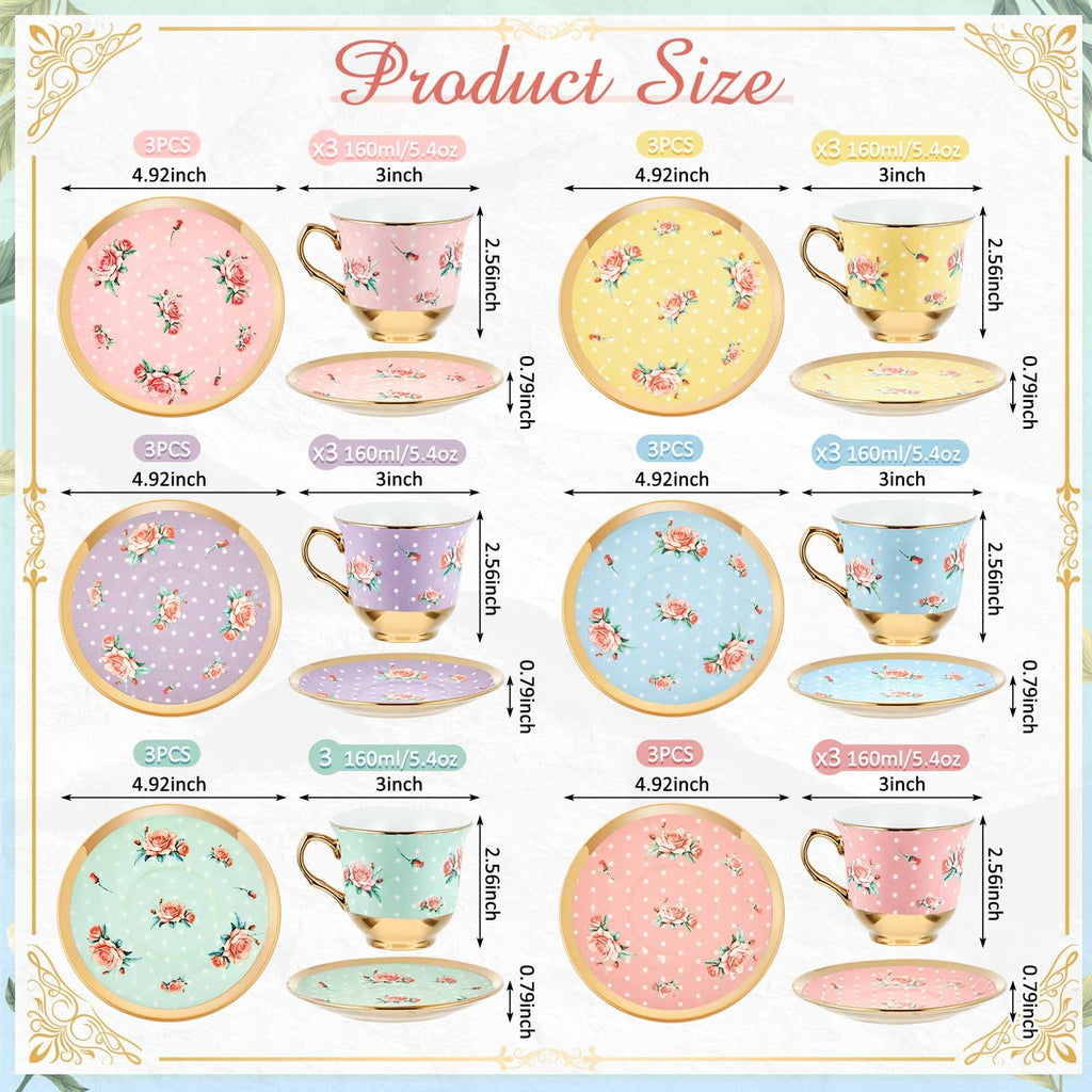 Floral Porcelain Tea Cups & Saucers Set of 18 – 6 Patterns, 5.4 oz