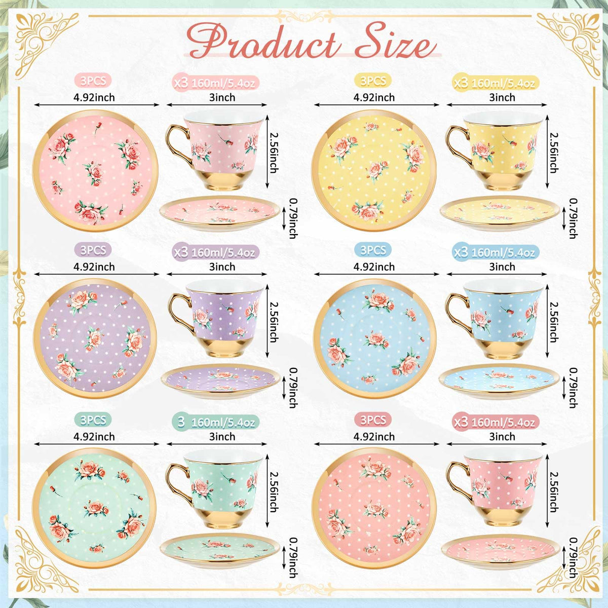 Floral Porcelain Tea Cups & Saucers Set of 18 – 6 Patterns, 5.4 oz