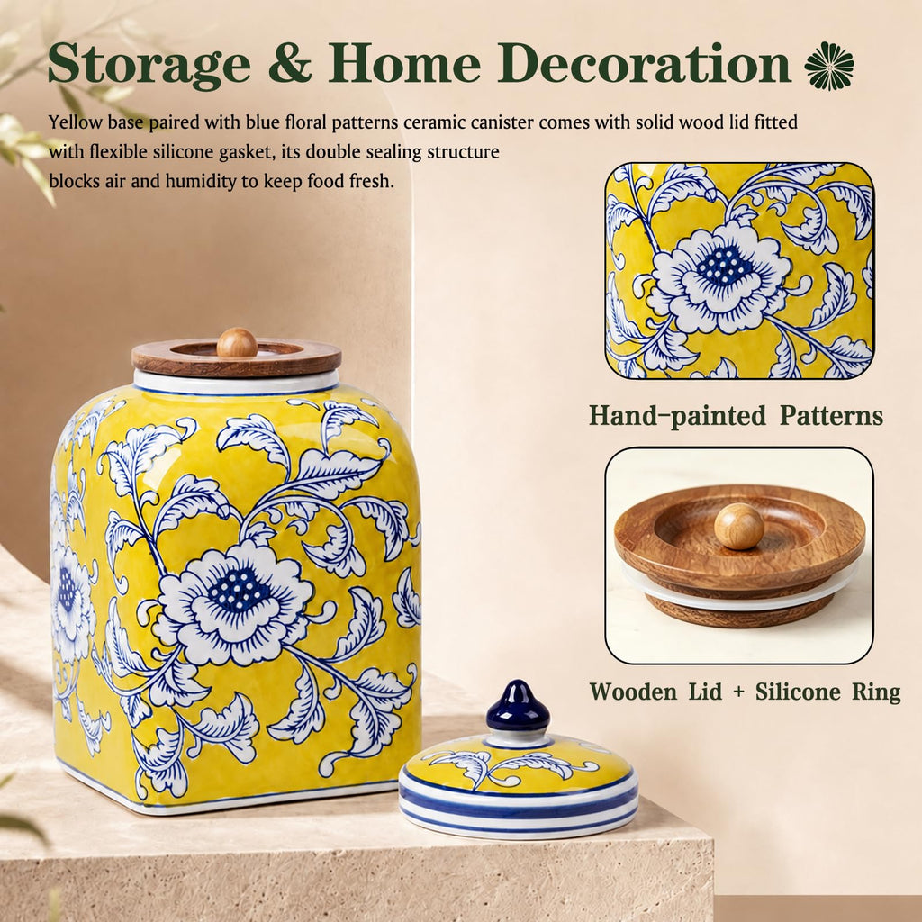 Ceramic Tea & Coffee Canister with Airtight Lid – 10" H, 121 fl oz, Green Peony Chinoiserie