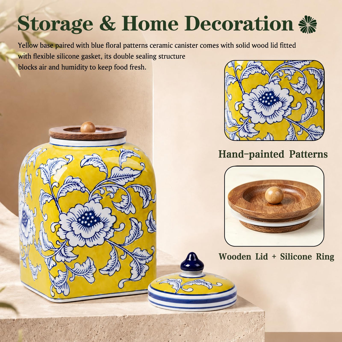 Ceramic Tea & Coffee Canister with Airtight Lid – 10" H, 121 fl oz, Green Peony Chinoiserie