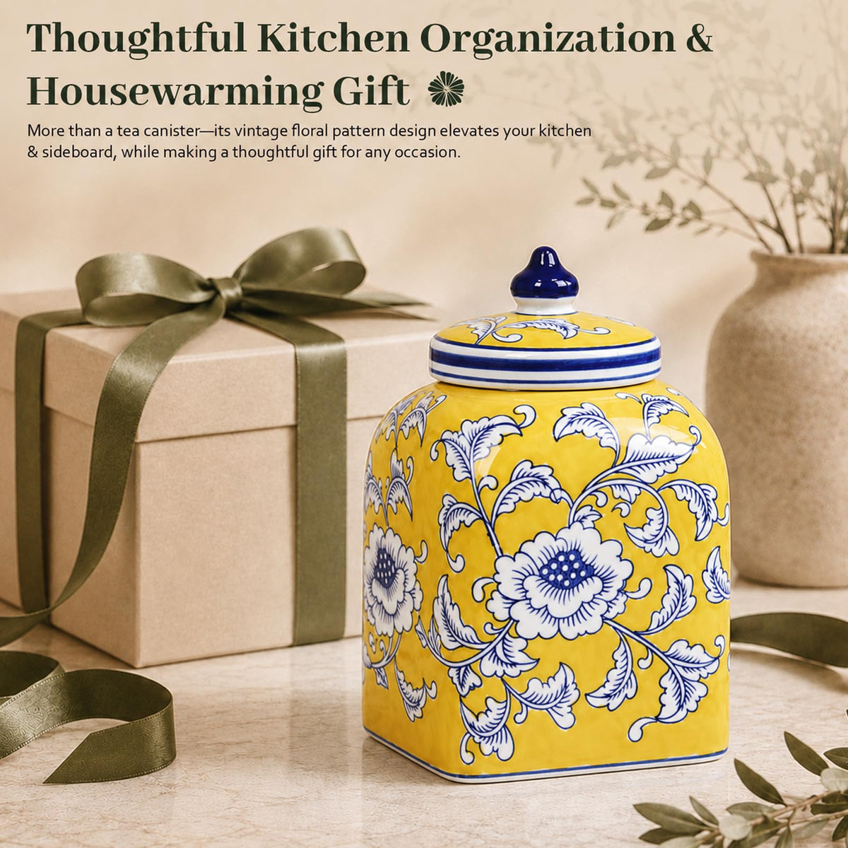 Ceramic Tea & Coffee Canister with Airtight Lid – 10" H, 121 fl oz, Green Peony Chinoiserie