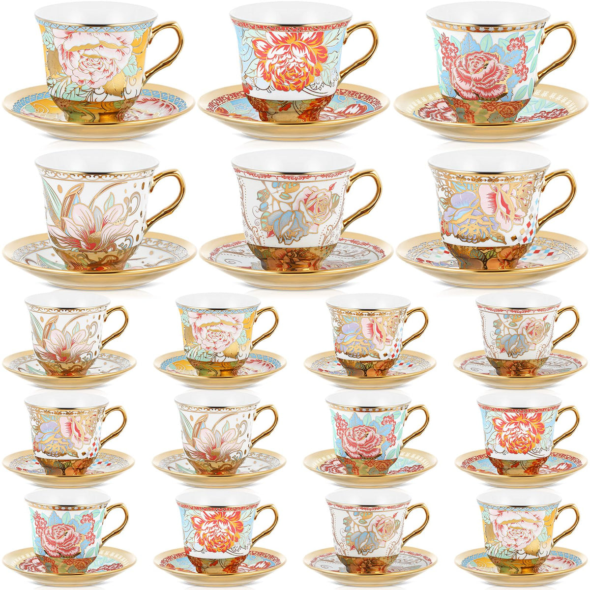Floral Porcelain Tea Cups & Saucers Set of 18 – 6 Patterns, 5.4 oz