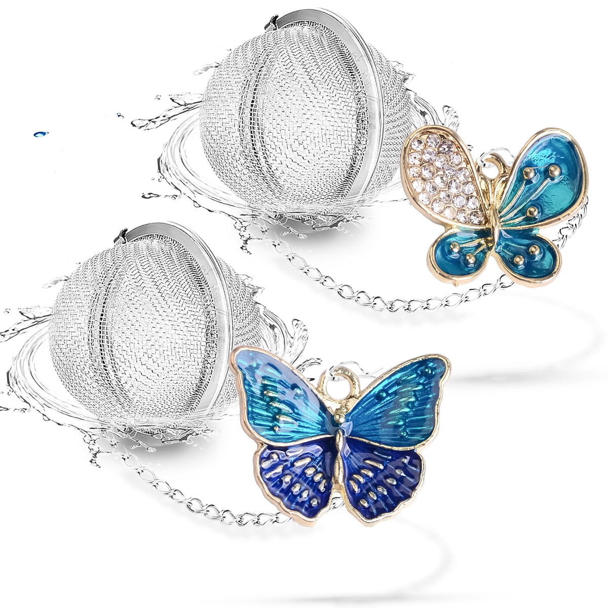 Tea Ball Infuser Set of 2 with Dragonfly & Butterfly Charms – Stainless Steel, Loose Leaf