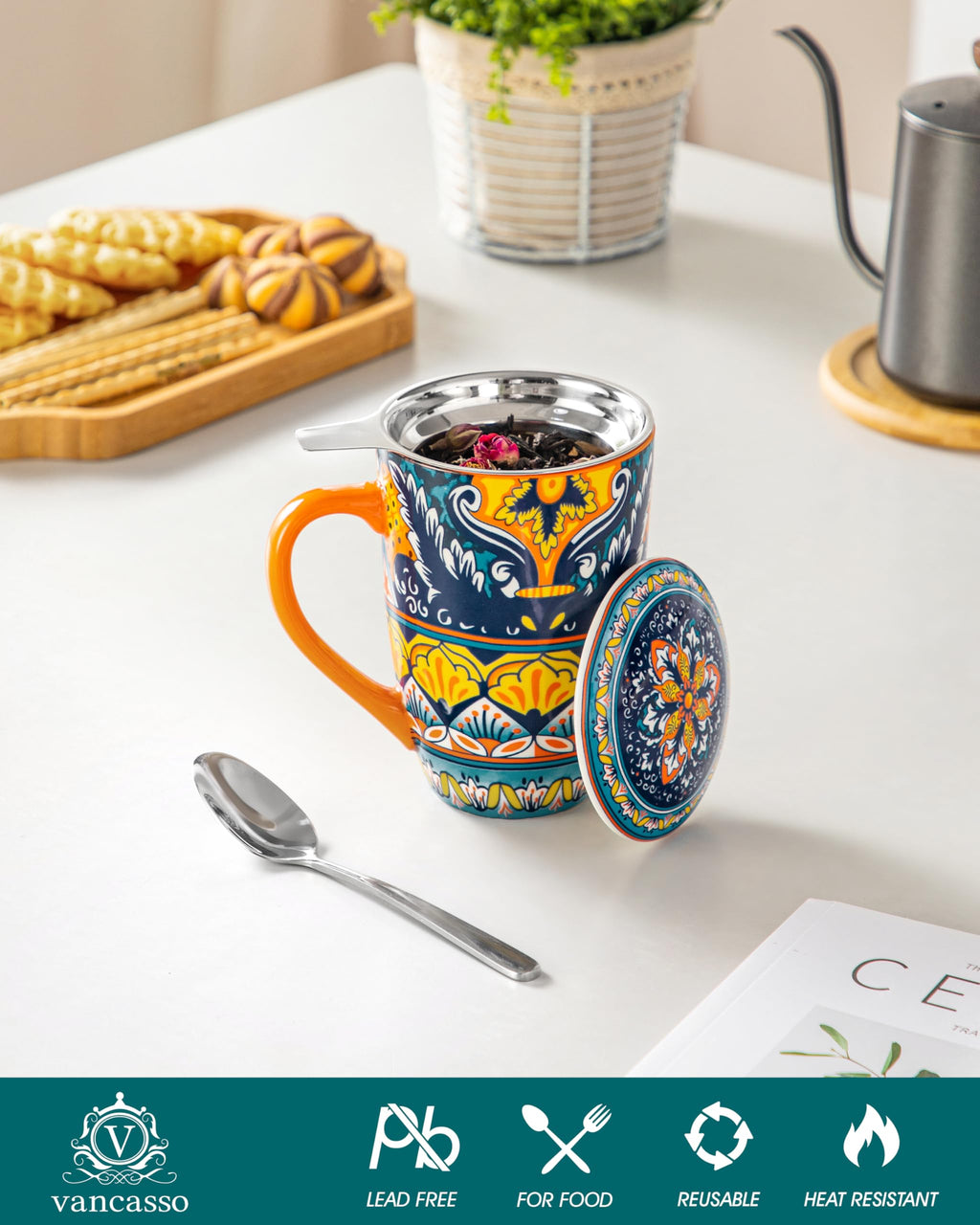 Ceramic Tea Infuser Mug with Lid, 18 oz – Bohemian Forest Daisy Pattern, Microwave & Dishwasher Safe