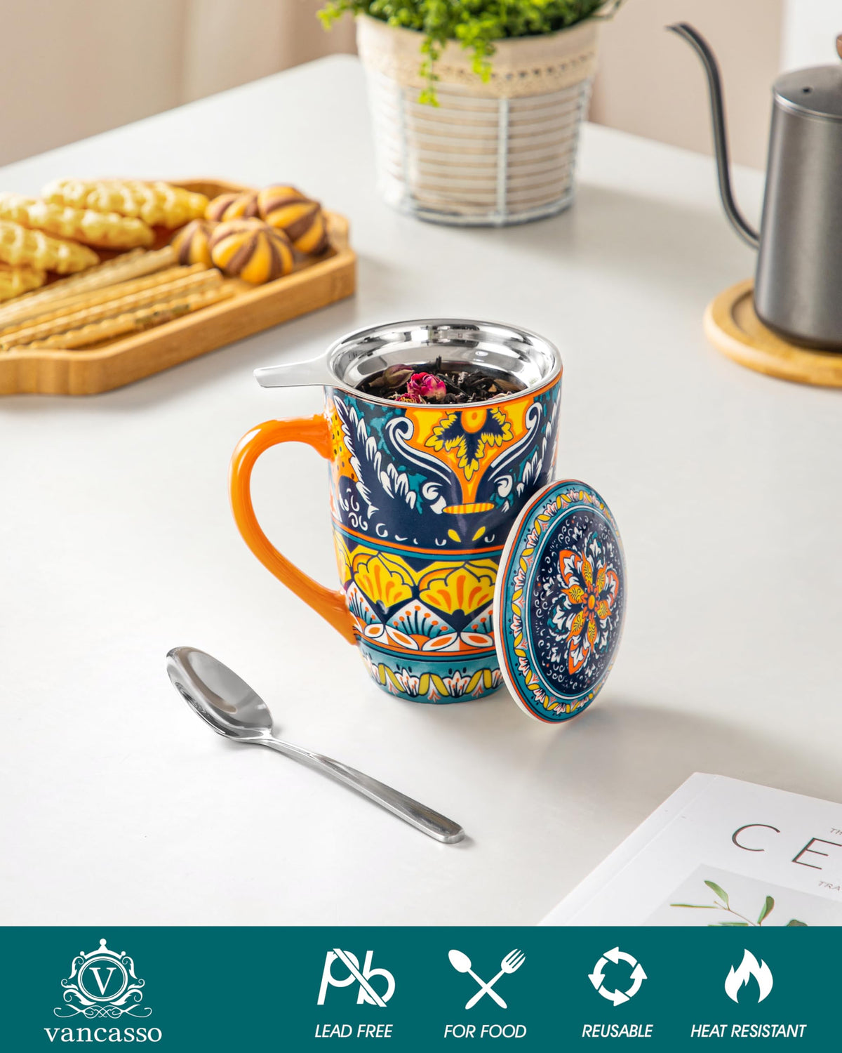 Ceramic Tea Infuser Mug with Lid, 18 oz – Bohemian Forest Daisy Pattern, Microwave & Dishwasher Safe