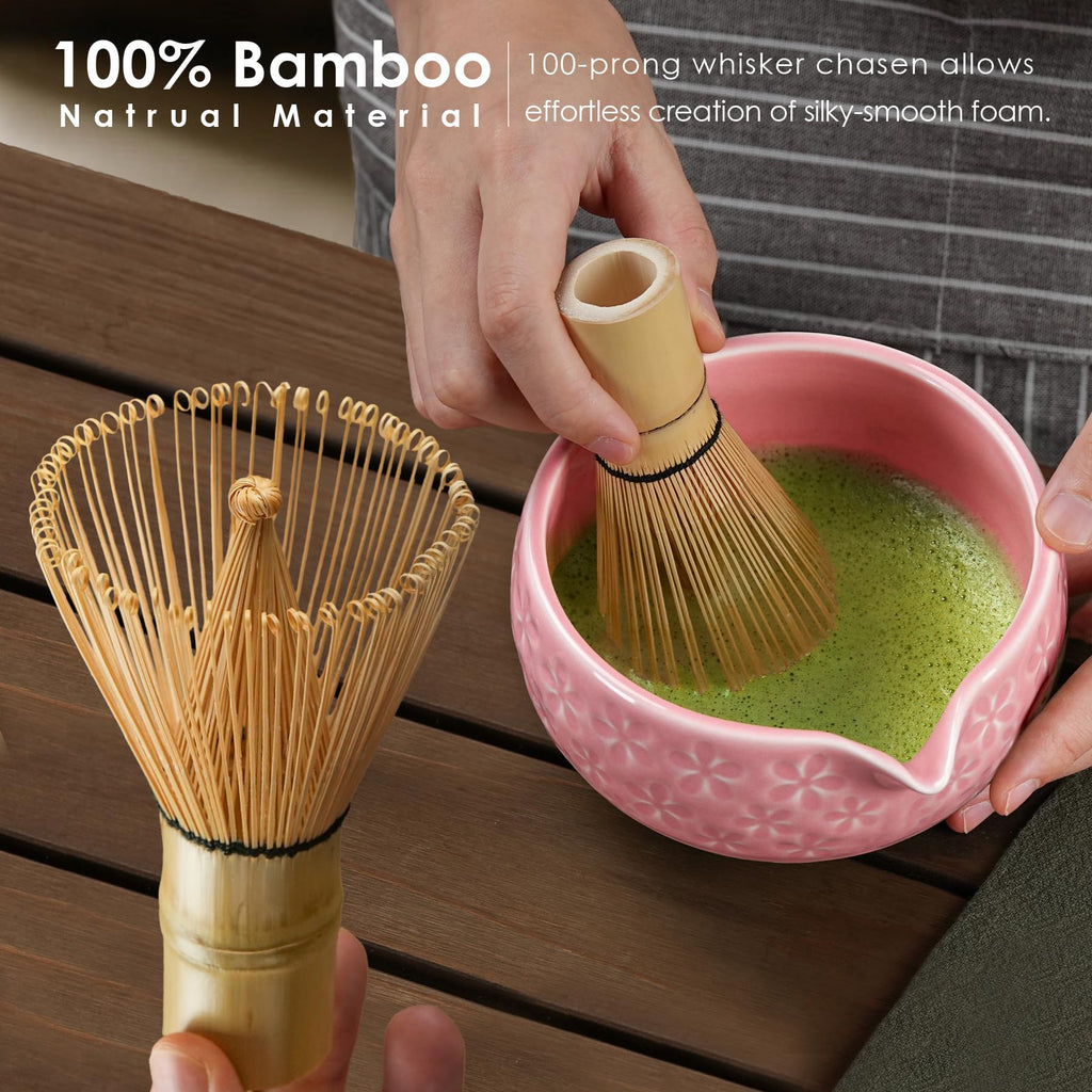 5-Piece Ceramic Matcha Set – Mottled Green Chawan, Handcrafted Bamboo Chasen, Scoop & Holder