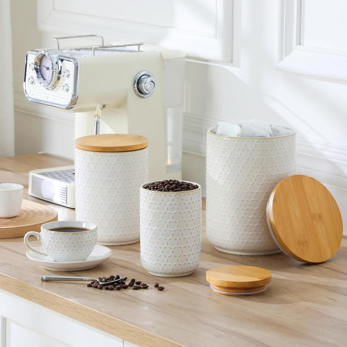 MALACASA LYDIA Ceramic Canister Set of 3 – Hexagon, Airtight Wooden Lids, 20/40/80 oz