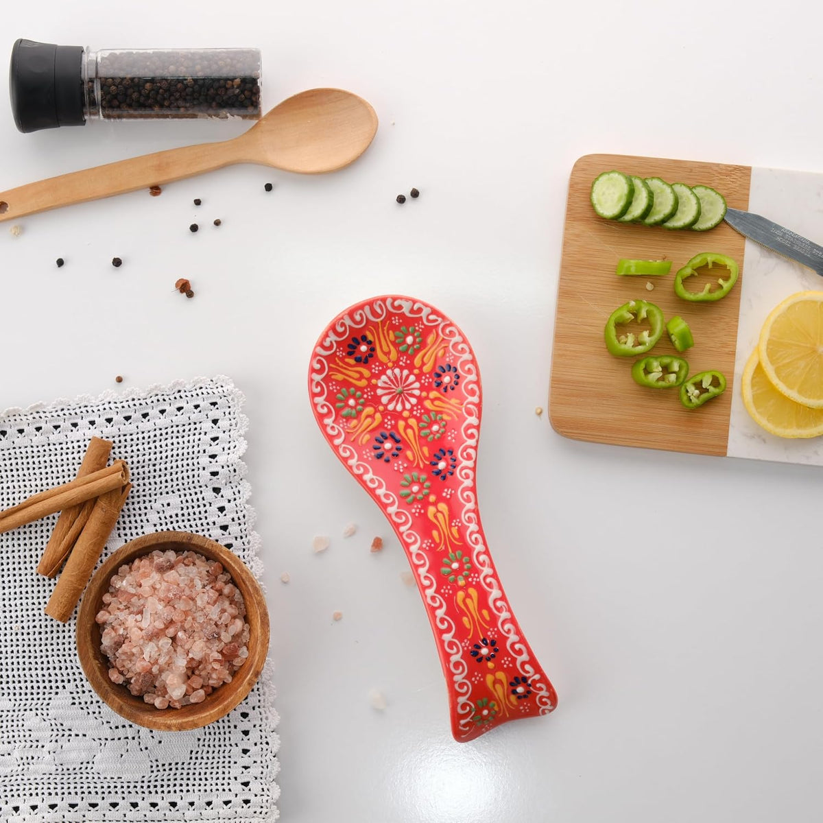 Handmade Ceramic Spoon Rest, Set of 2 – 5", Orange & Navy Blue, Farmhouse Style