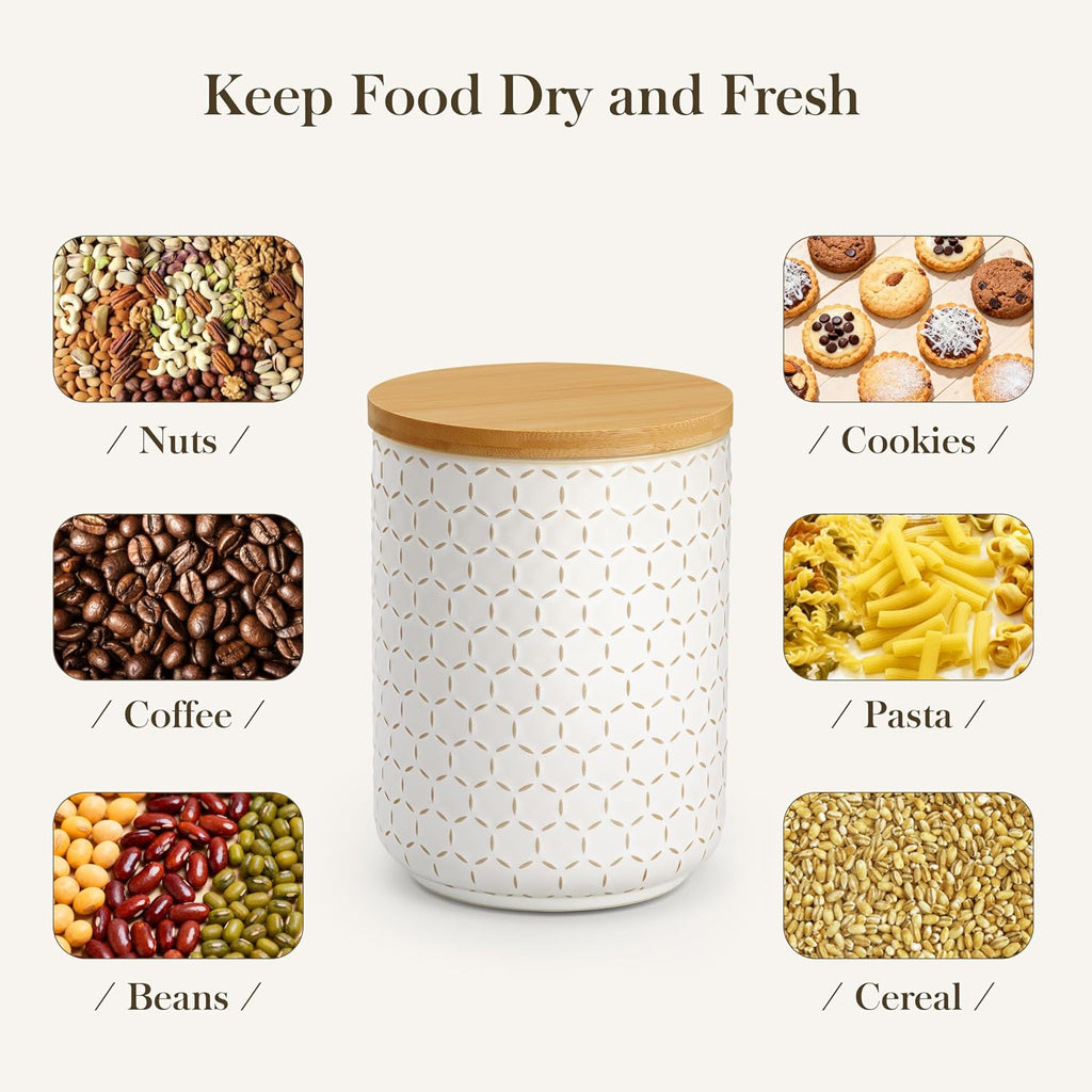 MALACASA LYDIA Ceramic Canister Set of 3 – Hexagon, Airtight Wooden Lids, 20/40/80 oz