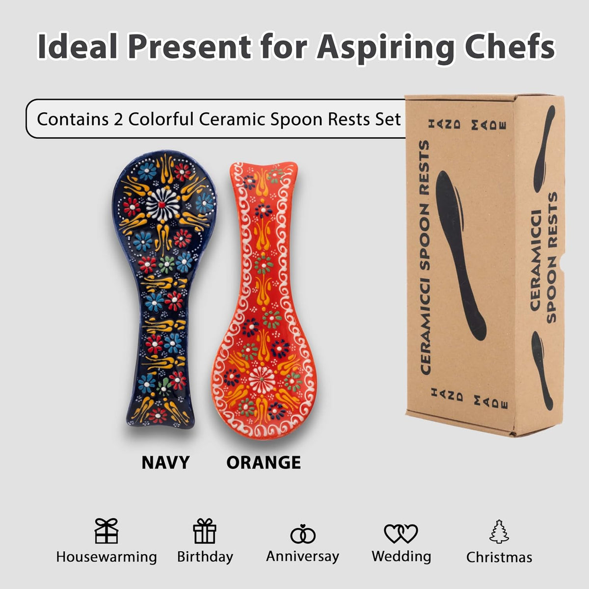 Handmade Ceramic Spoon Rest, Set of 2 – 5", Orange & Navy Blue, Farmhouse Style