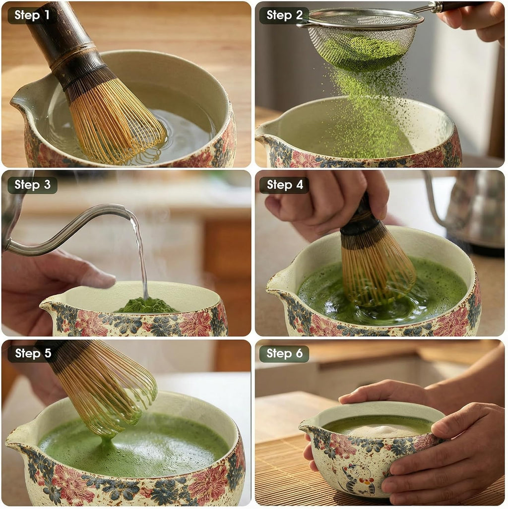 7-Piece Matcha Set – Floral Bowl & Purple Bamboo Whisk
