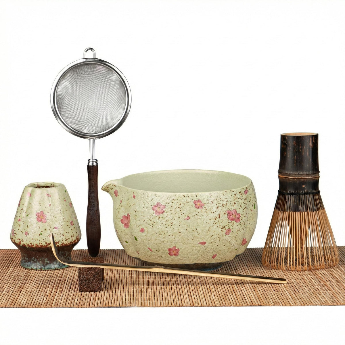 7-Piece Matcha Set – Floral Bowl & Purple Bamboo Whisk