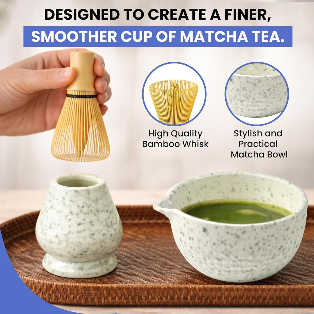 6-Piece Japanese Matcha Whisk Set – Ceramic Bowl with Spout, Bamboo Whisk, Scoop & Sifter
