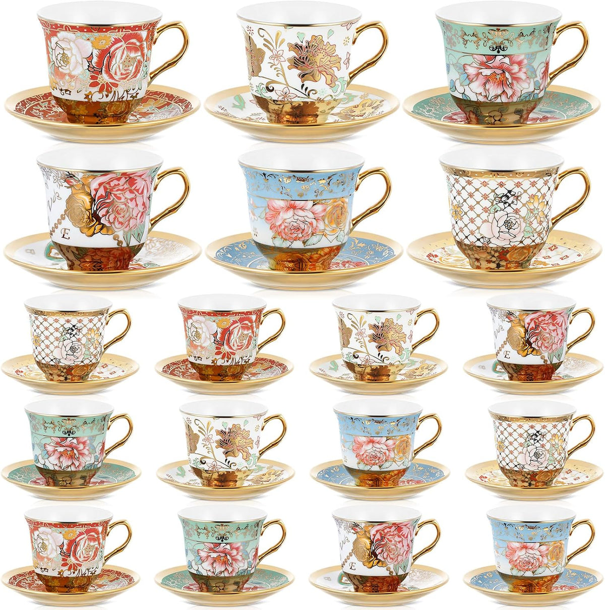 Floral Porcelain Tea Cups & Saucers Set of 18 – 6 Patterns, 5.4 oz