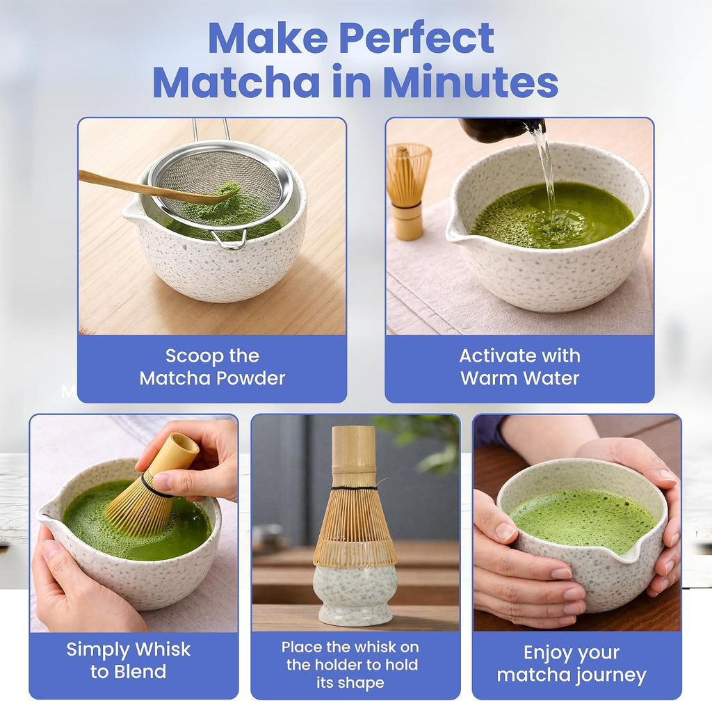 6-Piece Japanese Matcha Whisk Set – Ceramic Bowl with Spout, Bamboo Whisk, Scoop & Sifter