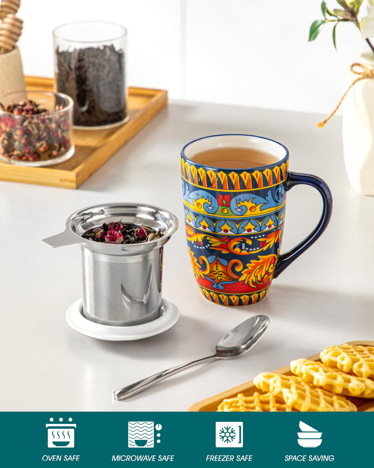 Ceramic Tea Infuser Mug with Lid, 18 oz – Bohemian Forest Daisy Pattern, Microwave & Dishwasher Safe