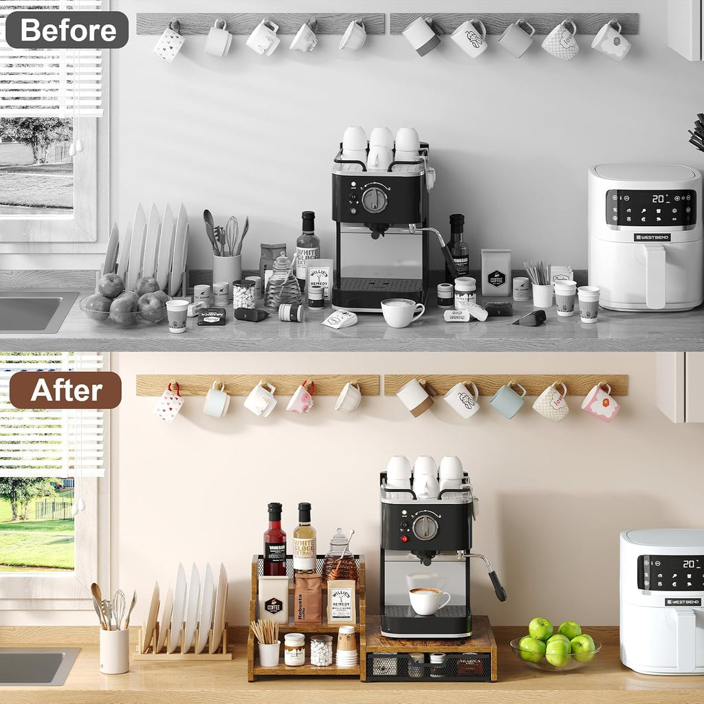 3-Tier Coffee Station Organizer with K-Cup Holder – Rustic Brown