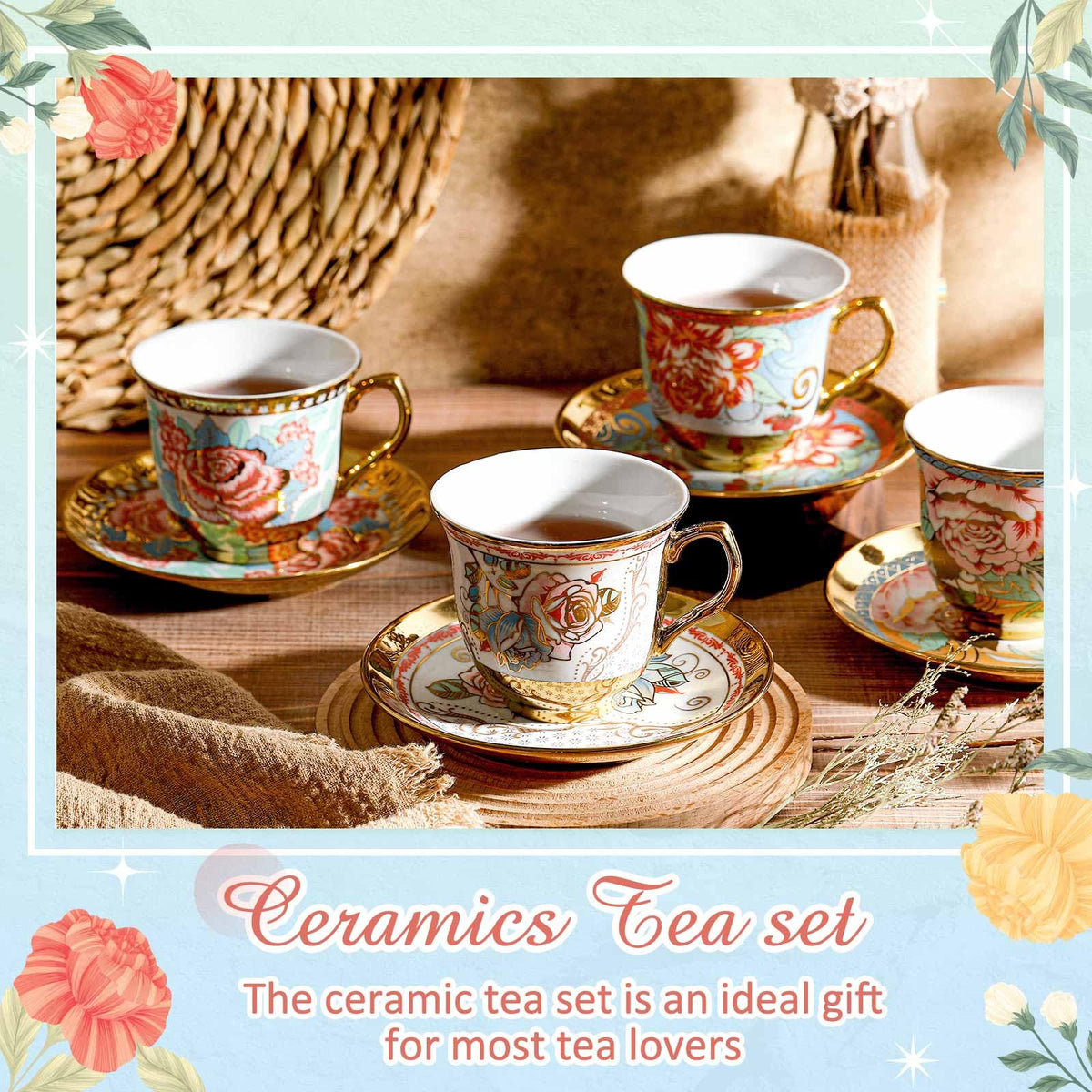 Floral Porcelain Tea Cups & Saucers Set of 18 – 6 Patterns, 5.4 oz