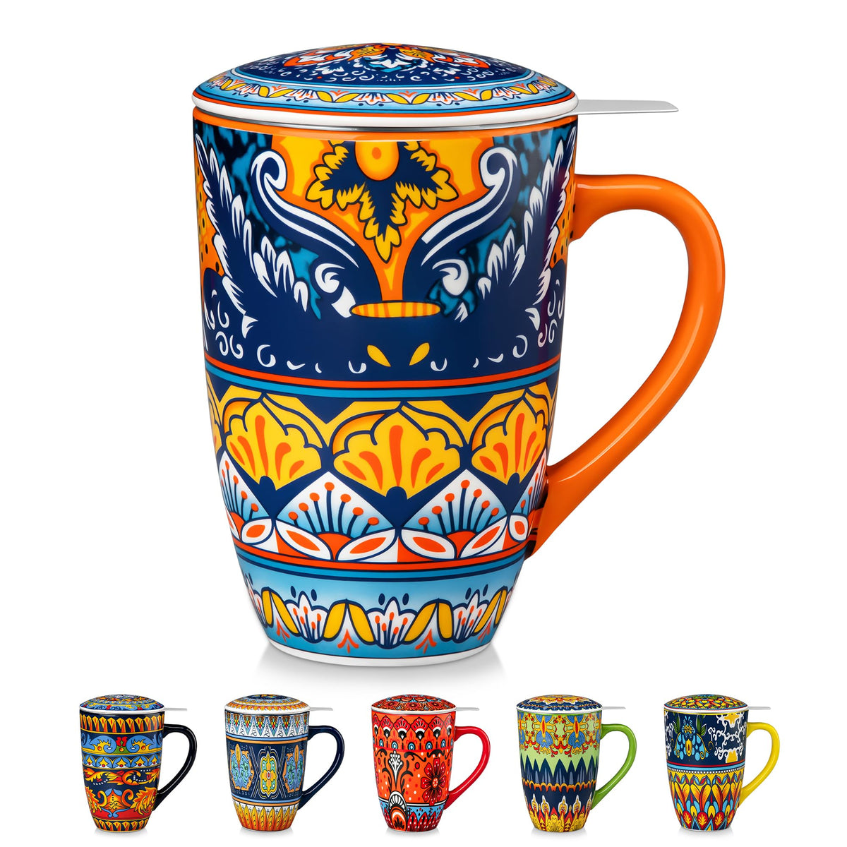 Ceramic Tea Infuser Mug with Lid, 18 oz – Bohemian Forest Daisy Pattern, Microwave & Dishwasher Safe