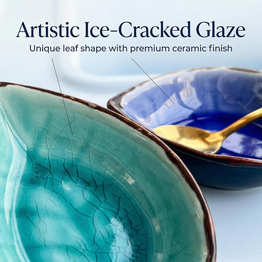Ceramic Leaf Spoon Rest & Tea Bag Holder Set – Ice-Cracked Glaze, 2 Gold Spoons Included