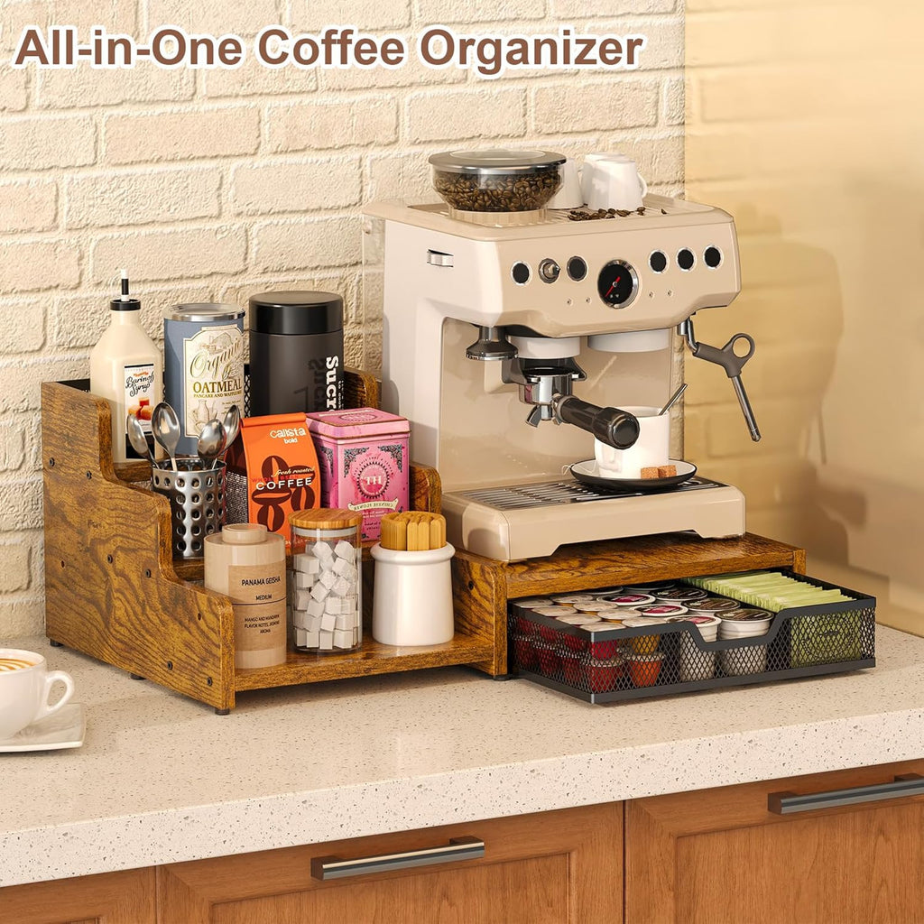 3-Tier Coffee Station Organizer with K-Cup Holder – Rustic Brown