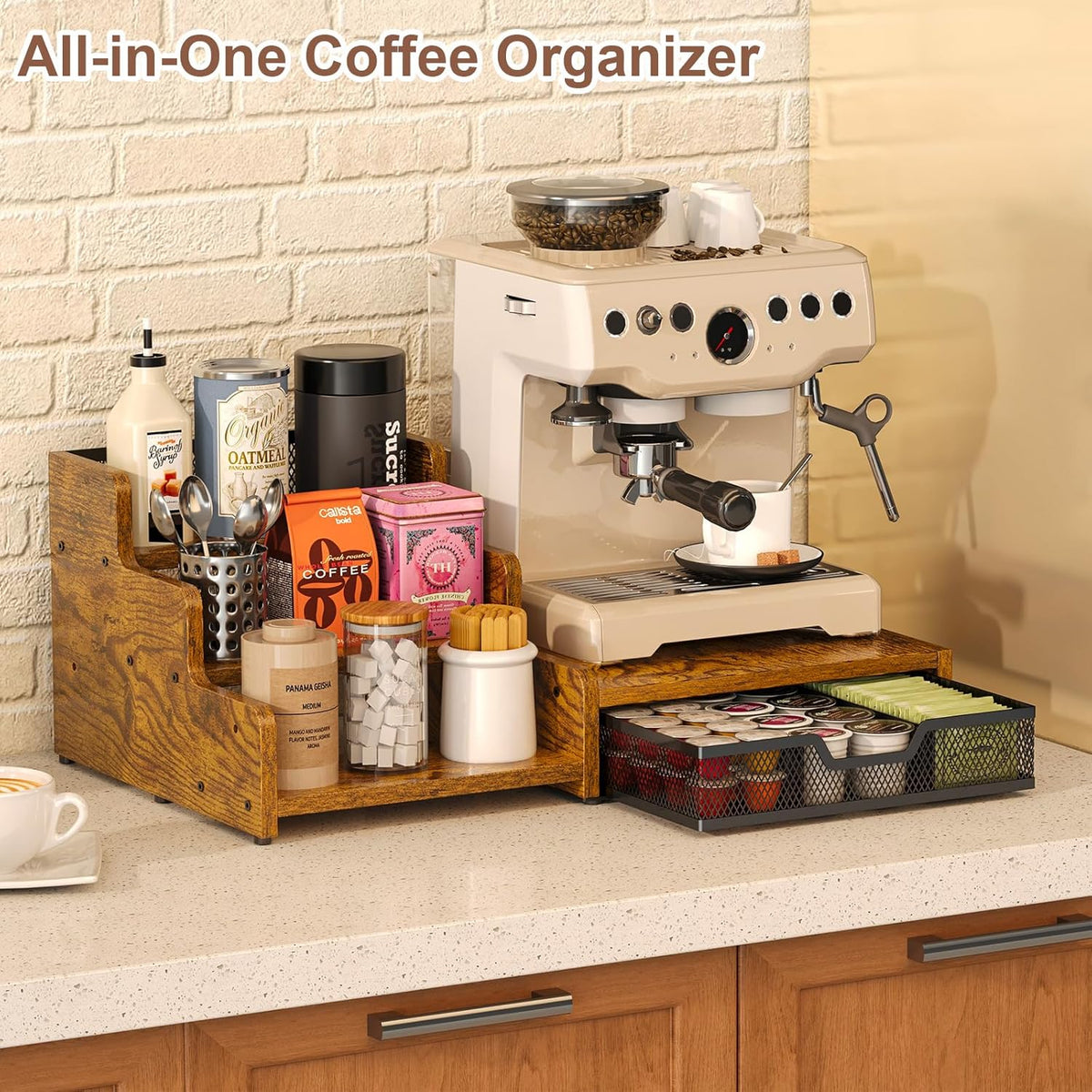 3-Tier Coffee Station Organizer with K-Cup Holder – Rustic Brown