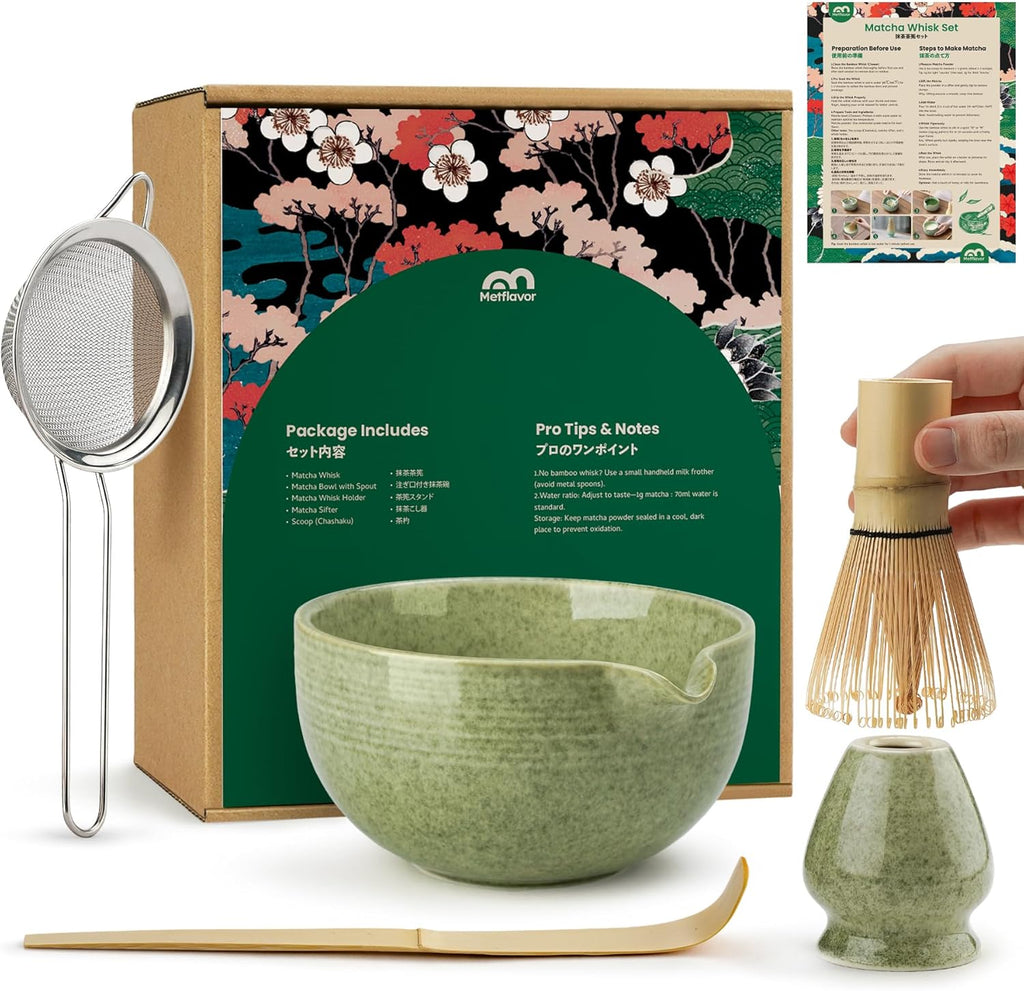 5-Piece Ceramic Matcha Set – Mottled Green Chawan, Handcrafted Bamboo Chasen, Scoop & Holder