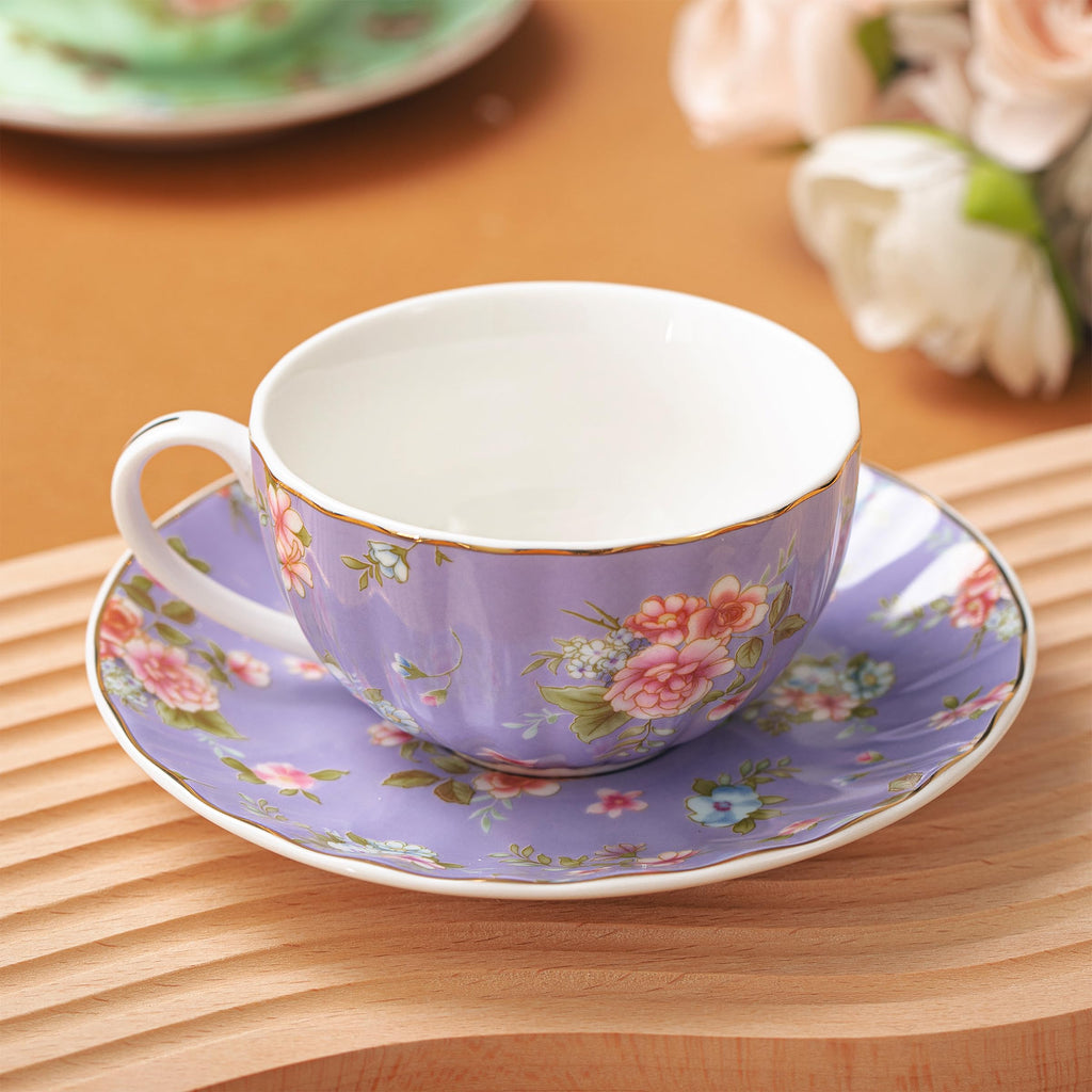 Floral Porcelain Tea Cups & Saucers Set of 6 – Midnight Blue