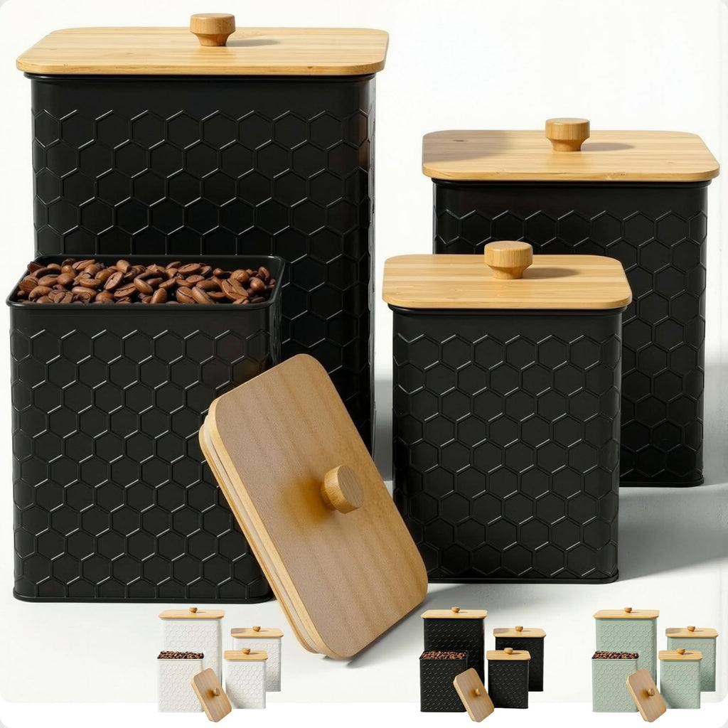 Honeycomb Metal Kitchen Canister Set of 4 – Airtight Bamboo Lids, Matte Black, 1.25–6.5 qt