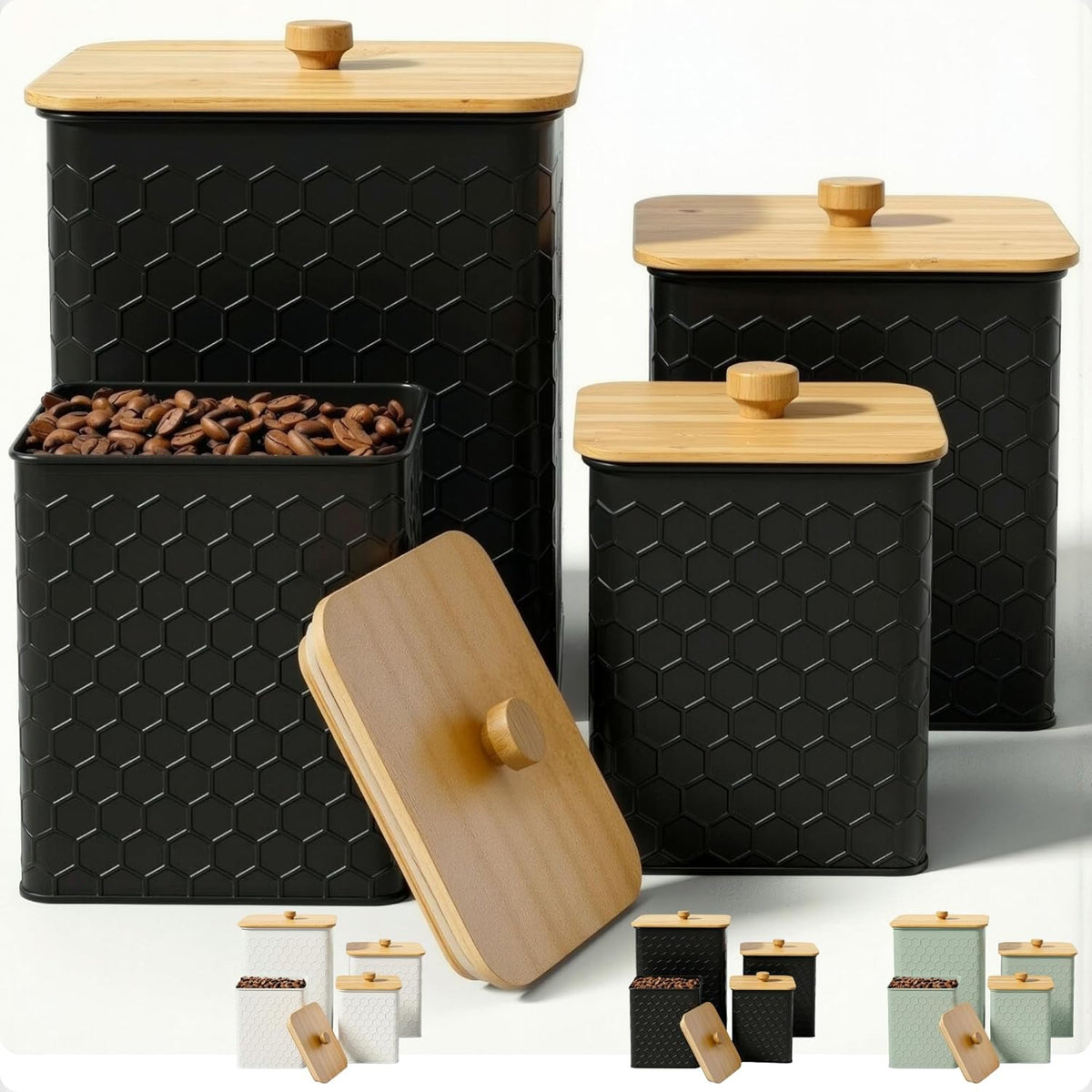 Honeycomb Metal Kitchen Canister Set of 4 – Airtight Bamboo Lids, Matte Black, 1.25–6.5 qt