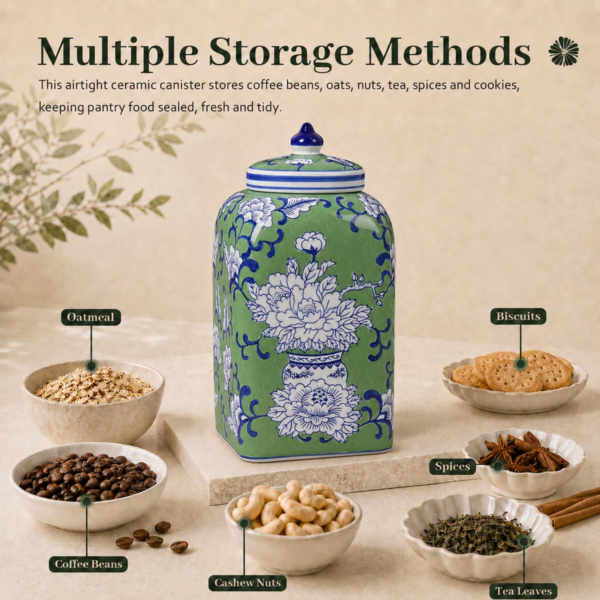 Ceramic Tea & Coffee Canister with Airtight Lid – 10" H, 121 fl oz, Green Peony Chinoiserie