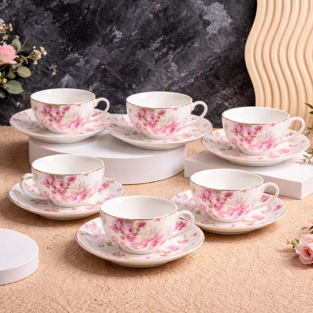 Floral Porcelain Tea Cups & Saucers Set of 6 – Midnight Blue