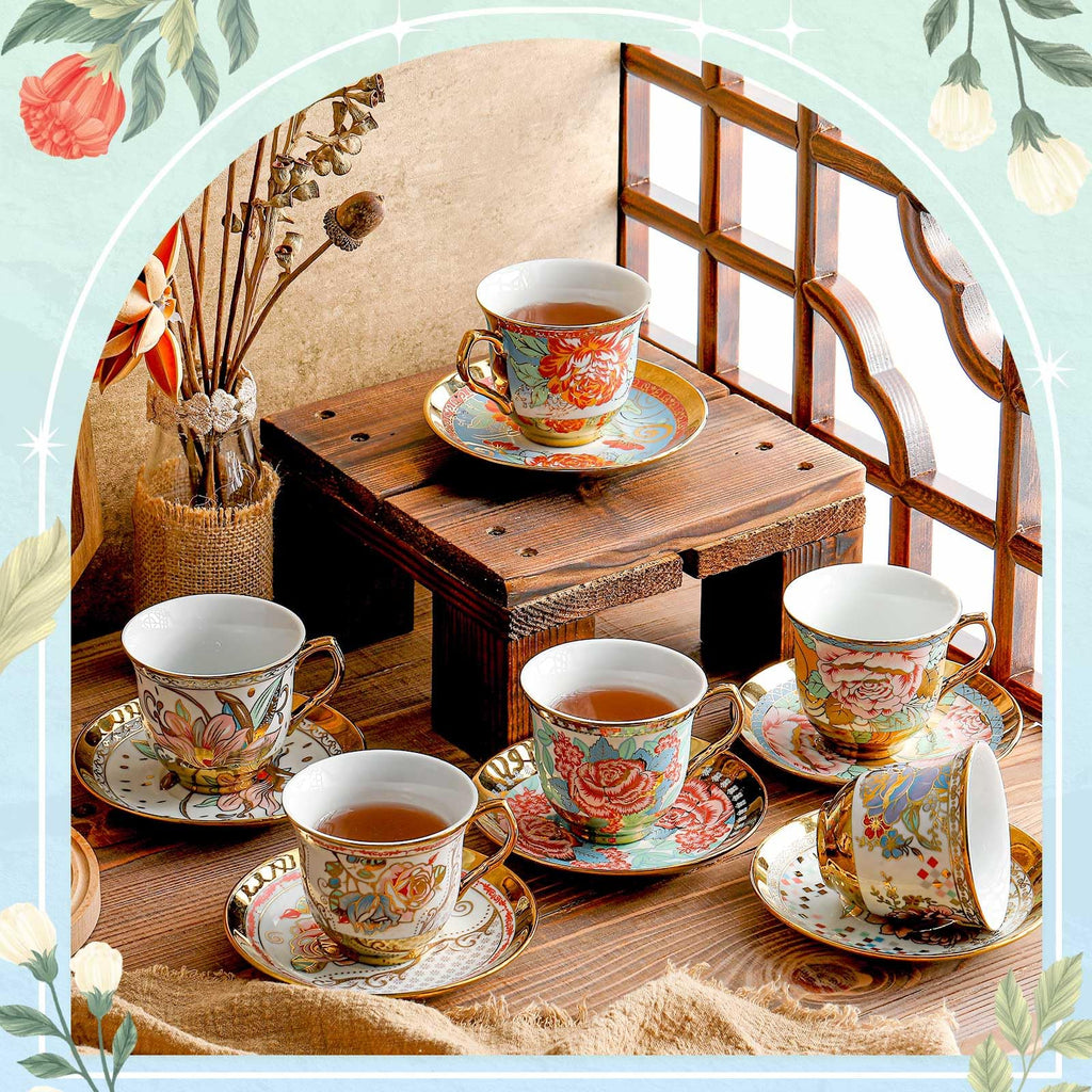 Floral Porcelain Tea Cups & Saucers Set of 18 – 6 Patterns, 5.4 oz