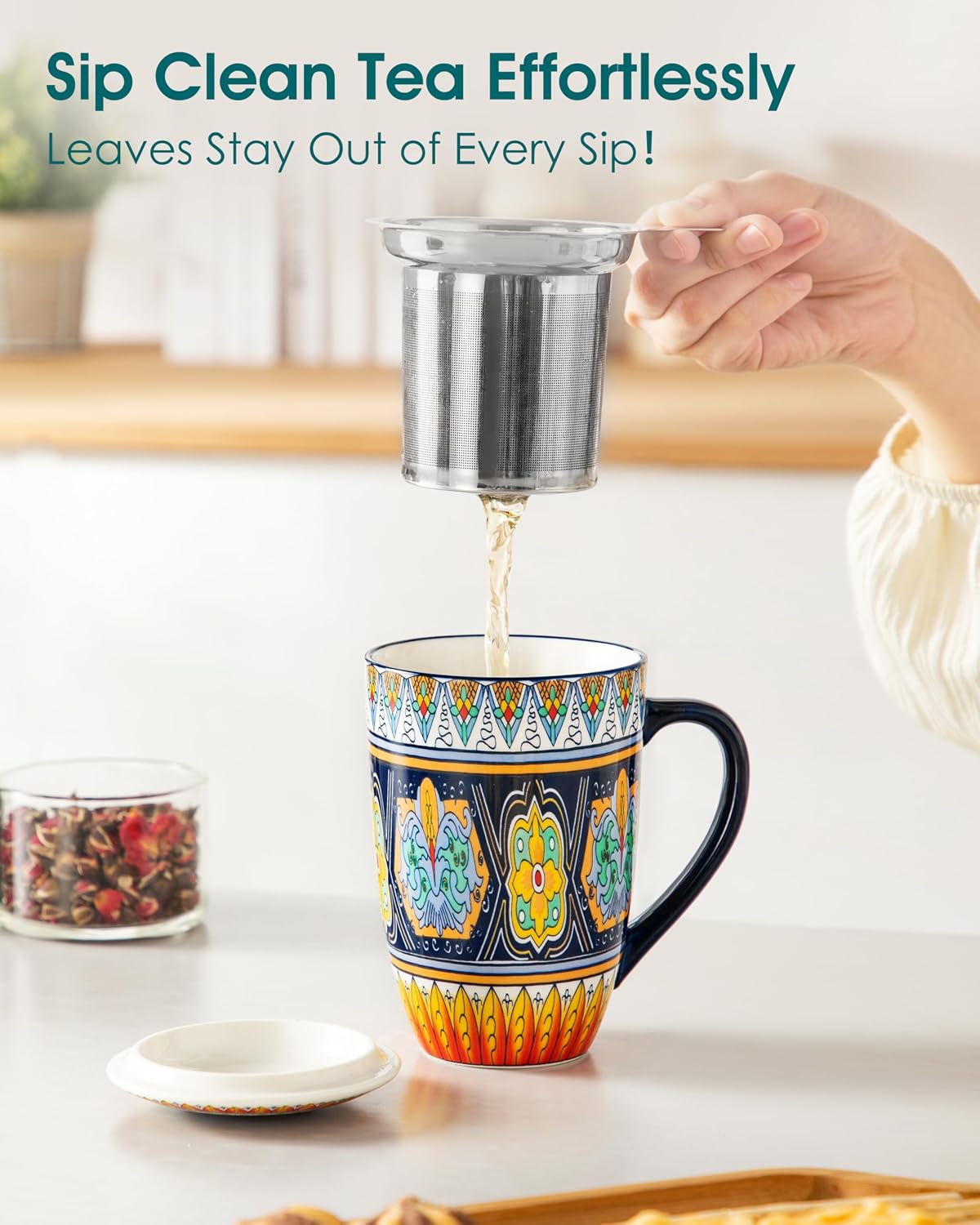 Ceramic Tea Infuser Mug with Lid, 18 oz – Bohemian Forest Daisy Pattern, Microwave & Dishwasher Safe