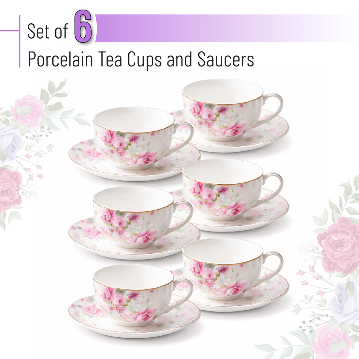 Floral Porcelain Tea Cups & Saucers Set of 6 – Midnight Blue