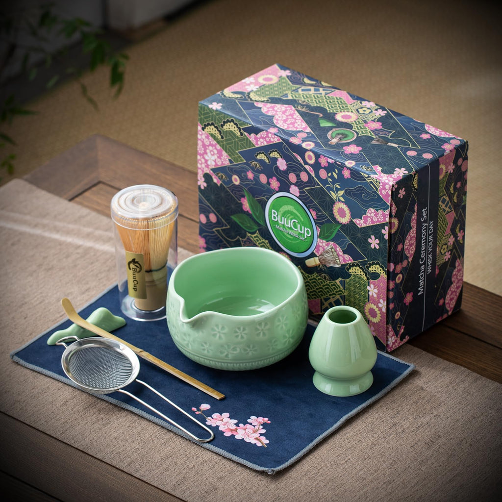 Buucup 7-Piece Green Ceramic Matcha Set – Bowl, Bamboo Whisk, Scoop, Holder, Rest, Sifter & Tea Towel