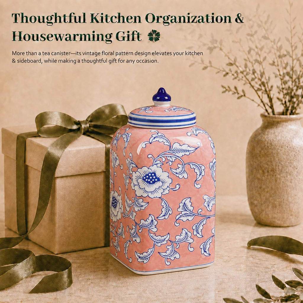 Ceramic Tea & Coffee Canister with Airtight Lid – 10" H, 121 fl oz, Green Peony Chinoiserie