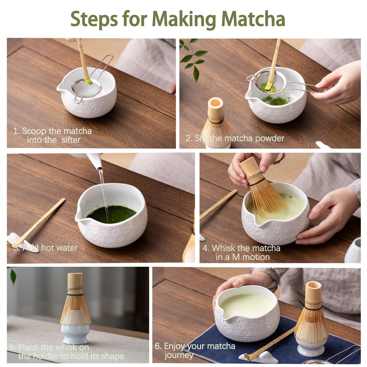 Buucup 7-Piece Green Ceramic Matcha Set – Bowl, Bamboo Whisk, Scoop, Holder, Rest, Sifter & Tea Towel