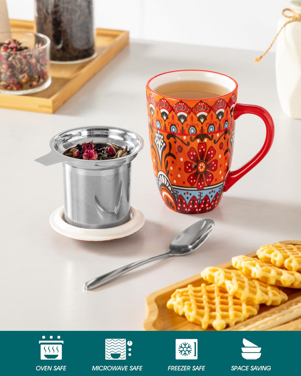 Ceramic Tea Infuser Mug with Lid, 18 oz – Bohemian Forest Daisy Pattern, Microwave & Dishwasher Safe