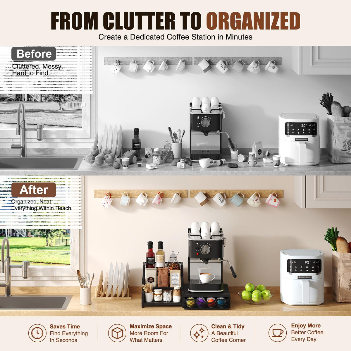 3-Tier Coffee Station Organizer with K-Cup Holder – Rustic Brown