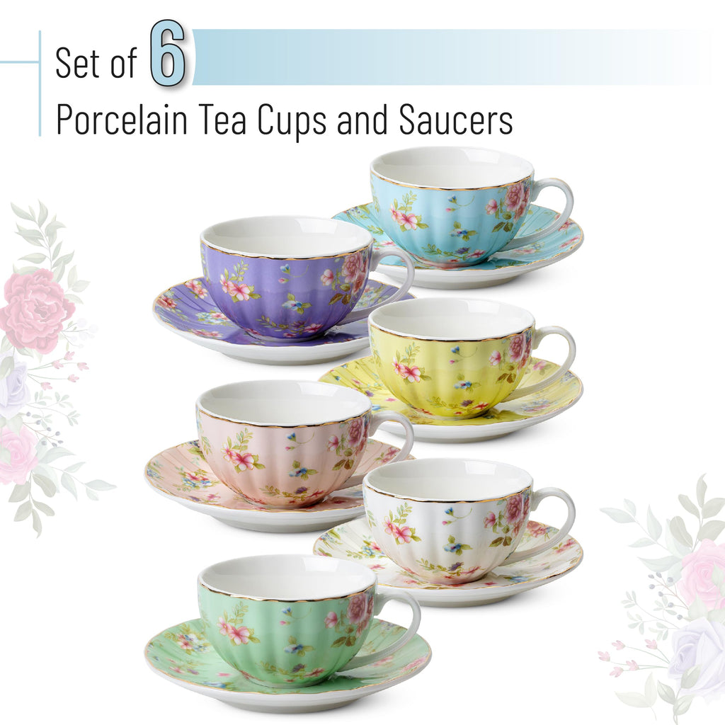 Floral Porcelain Tea Cups & Saucers Set of 6 – Midnight Blue