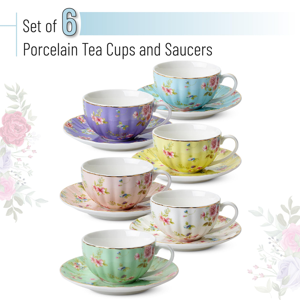 Floral Porcelain Tea Cups & Saucers Set of 6 – Midnight Blue