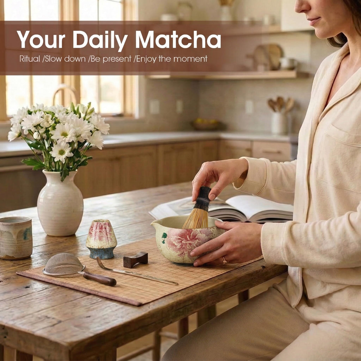 7-Piece Matcha Set – Floral Bowl & Purple Bamboo Whisk