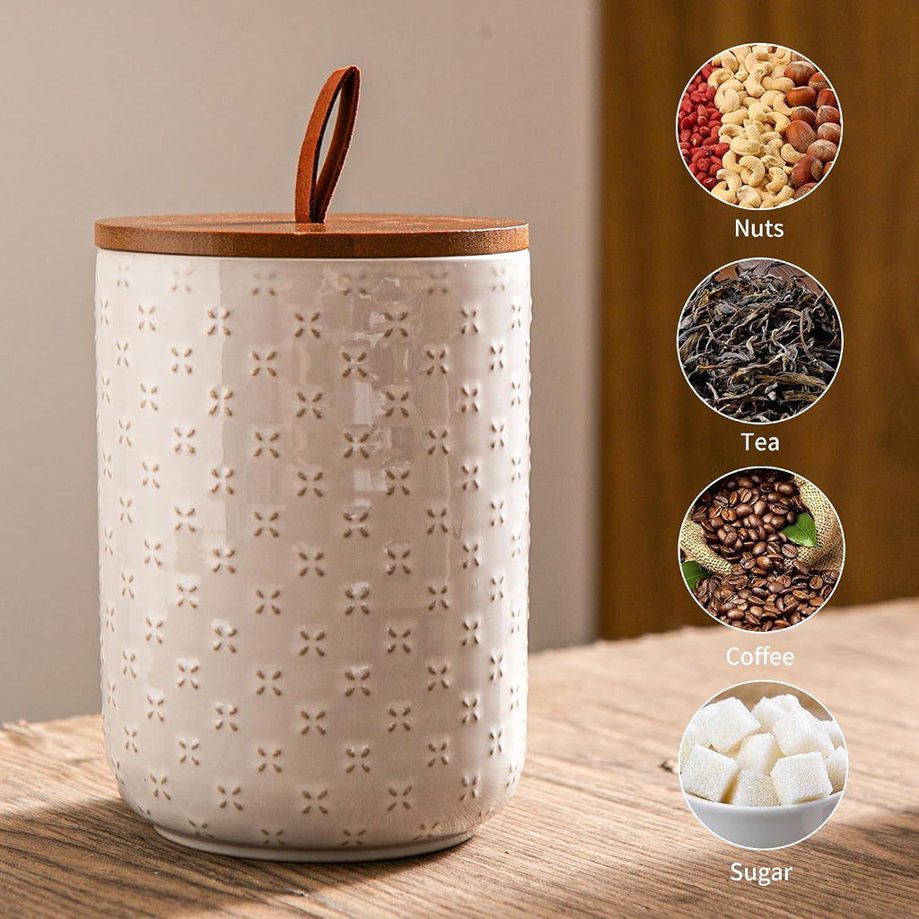 Mowtanco White Embossed Ceramic Canister Set of 3 – Airtight Bamboo Lids, 12/30/48 oz