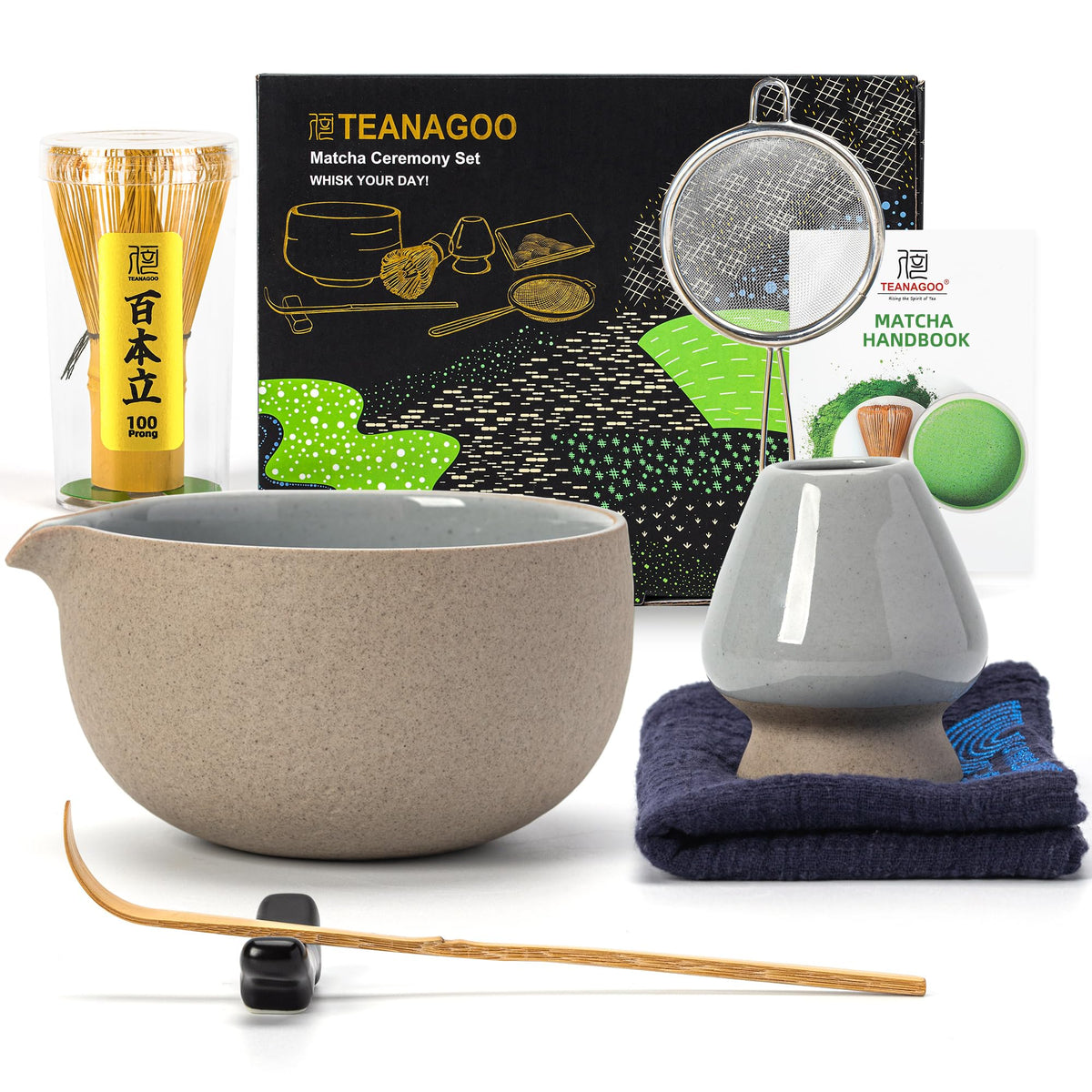 TEANAGOO 7-Piece Black Matcha Set – Ceramic Chawan, Whisk, Holder & Sifter for Ceremony & Latte