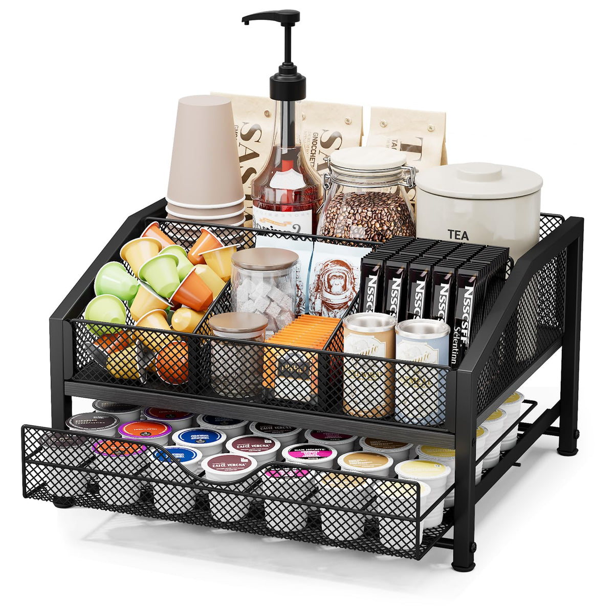 Homsorout Coffee Bar Organizer – Metal & Wood, Black and Brown