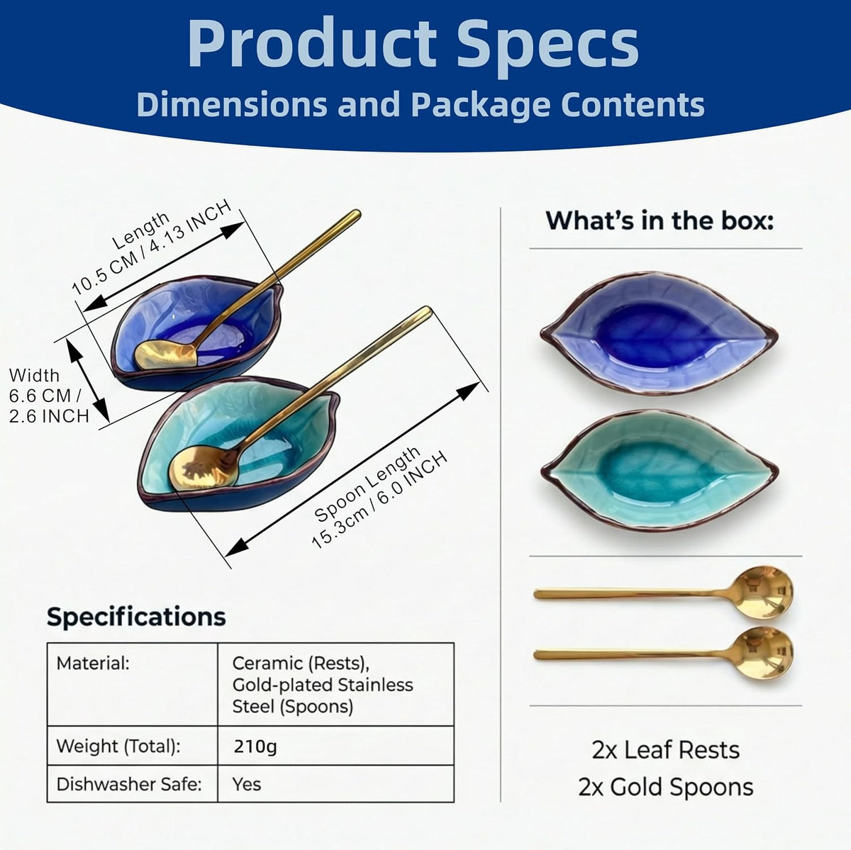 Ceramic Leaf Spoon Rest & Tea Bag Holder Set – Ice-Cracked Glaze, 2 Gold Spoons Included